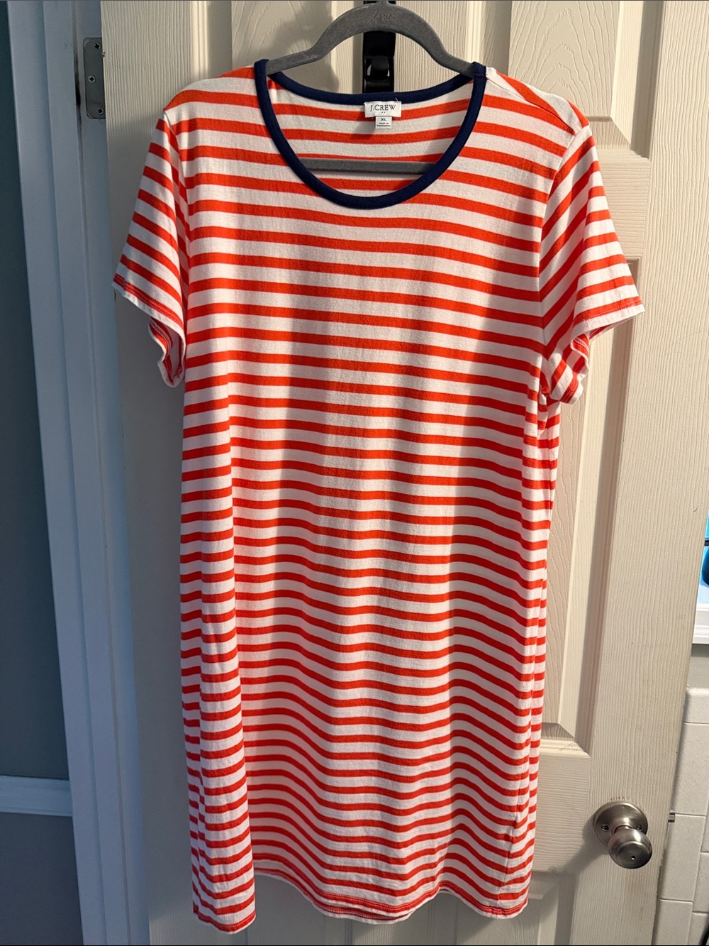 J. Crew Orange & White Striped Tee Dress with Navy Trim